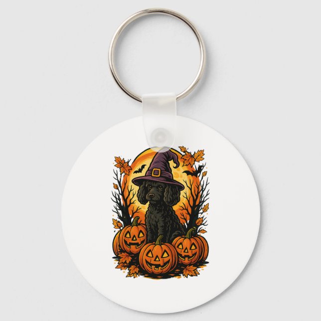 Halloween Cute Black Poodle Witch Hat Pumpkins Aut Key Ring (Front)