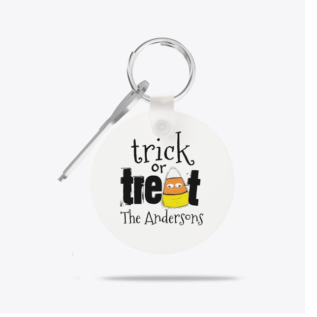 Halloween Cute Candy Corn Funny Whimsical Key Ring (Personalized Trick or Treat Halloween keychain with candy corn and custom family name.)