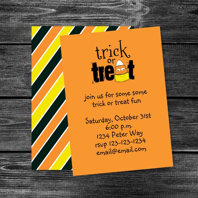 Halloween Cute Candy Corn Trick or Treat Funny Invitation (Cute candy corn Halloween party design with bright orange background and playful style.)