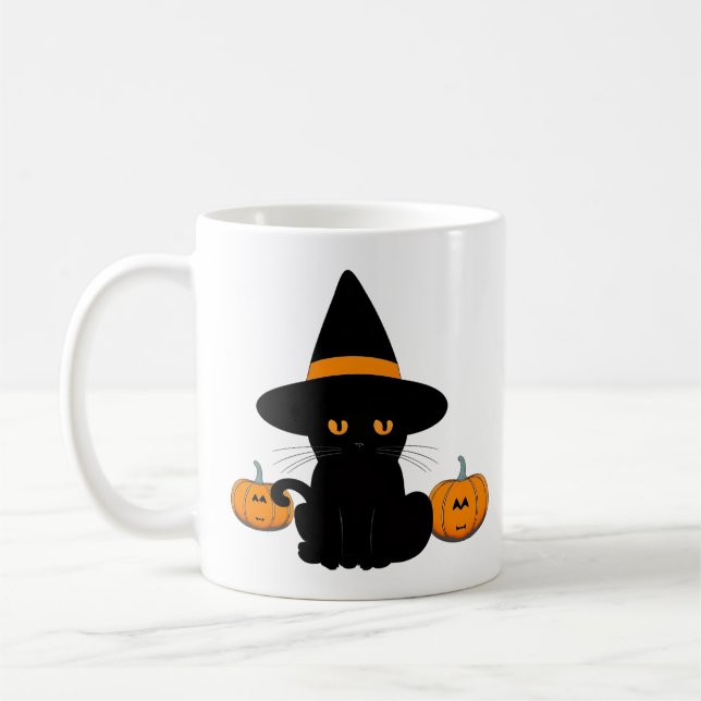 Halloween Cute Cartoon Friends, Black Baby Cat Coffee Mug (Left)