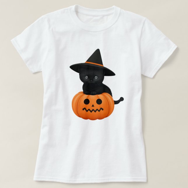 Halloween Cute Cartoon Friends, Black Baby Cat T-Shirt (Design Front)