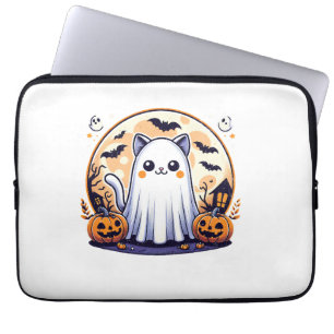 Halloween_ Cute Cat in Ghost Costume Halloween Des Laptop Sleeve