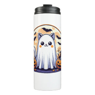 Halloween_ Cute Cat in Ghost Costume Halloween Des Thermal Tumbler