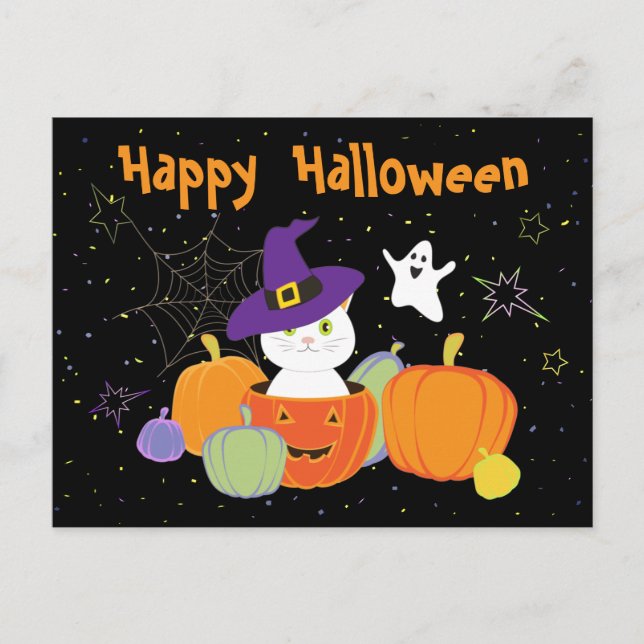 Halloween Cute Cat in Witch Hat Postcard (Front)