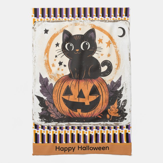 Halloween Cute Cat Pumpkin Tea Towel (Vertical)