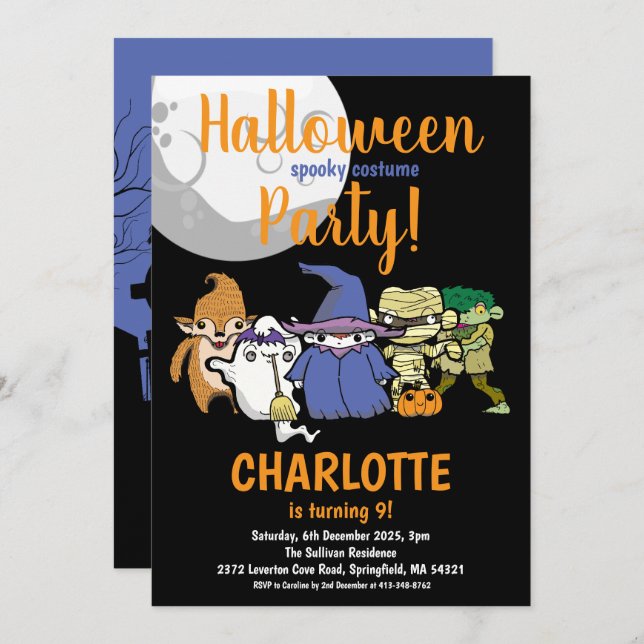 Halloween Cute Characters Moon Kids Birthday Party Invitation (Front/Back)