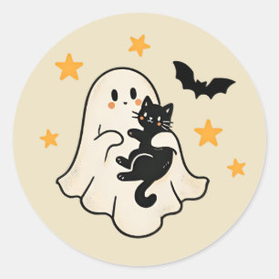 Halloween Cute Floating Ghost with Black Cat Classic Round Sticker