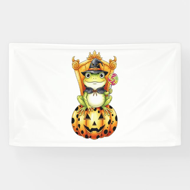 Halloween Cute Frog on Pumpkin Banner (Horizontal)