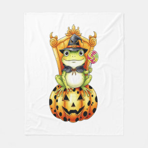 Halloween Cute Frog on Pumpkin Fleece Blanket