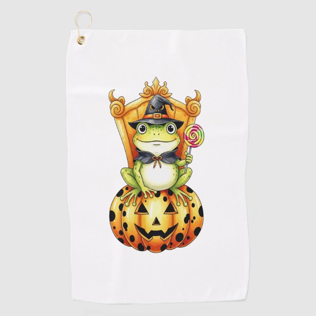 Halloween Cute Frog on Pumpkin Golf Towel (Front)