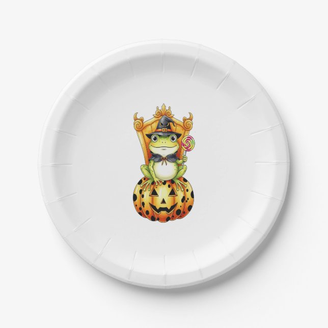 Halloween Cute Frog on Pumpkin Paper Plate (Front)