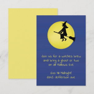 Halloween Cute Funny Flying Witch in the Moonlight Invitation