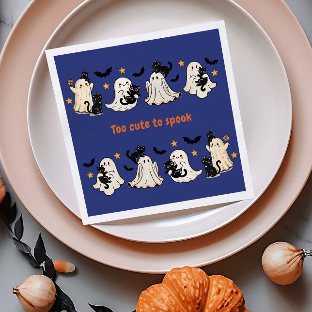 Halloween Cute Funny Spooky Ghost Cat - Fall Party Napkin (Halloween Cute Funny Spooky Ghost Cat - Fall Party Napkins on a dinner table with autumn decor)