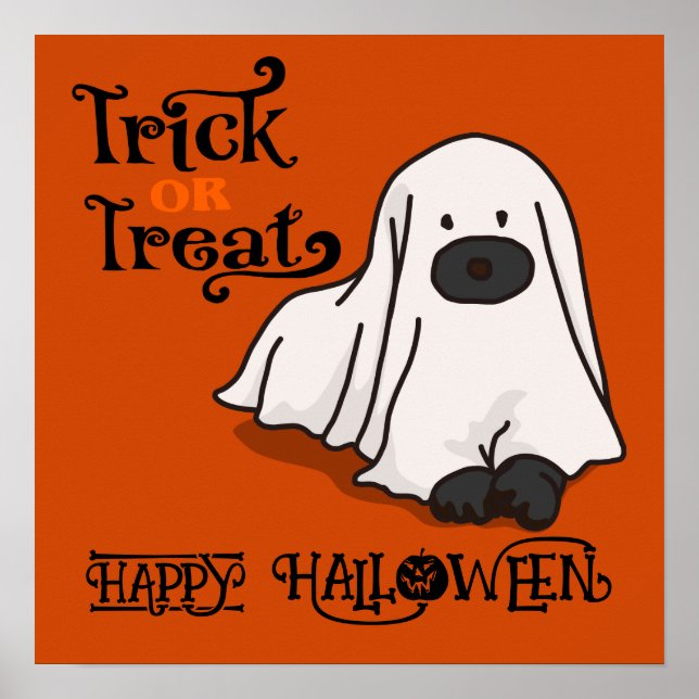 Halloween Cute Funny Whimsical Ghost Dog Orange  Poster (Front)