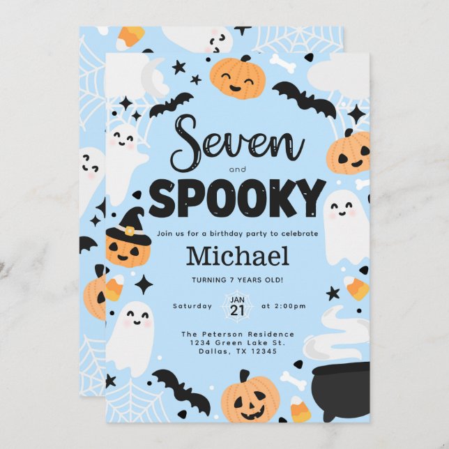 Halloween Cute Ghost 7th Birthday Party Invitation (Front/Back)