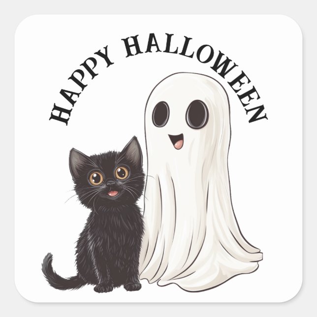 Halloween Cute Ghost and Black Cat  Square Sticker (Front)