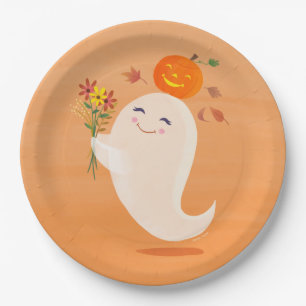 Halloween Cute Ghost and Flowers Paper Plate