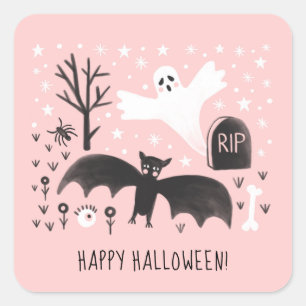 Halloween Cute Ghost Bat Black Pink Illustration Square Sticker