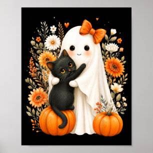 Halloween Cute Ghost Black Cat Pumpkin Floral Poster