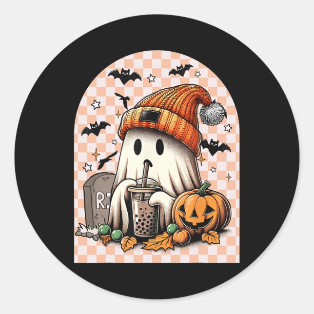 Halloween Cute Ghost Drinking Coffee Pumpkin Check Classic Round Sticker (Front)