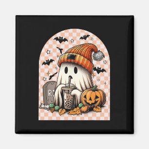 Halloween Cute Ghost Drinking Coffee Pumpkin Check Magnet