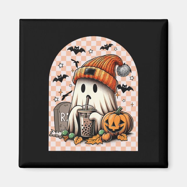 Halloween Cute Ghost Drinking Coffee Pumpkin Check Magnet (Front)