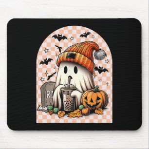 Halloween Cute Ghost Drinking Coffee Pumpkin Check Mouse Pad