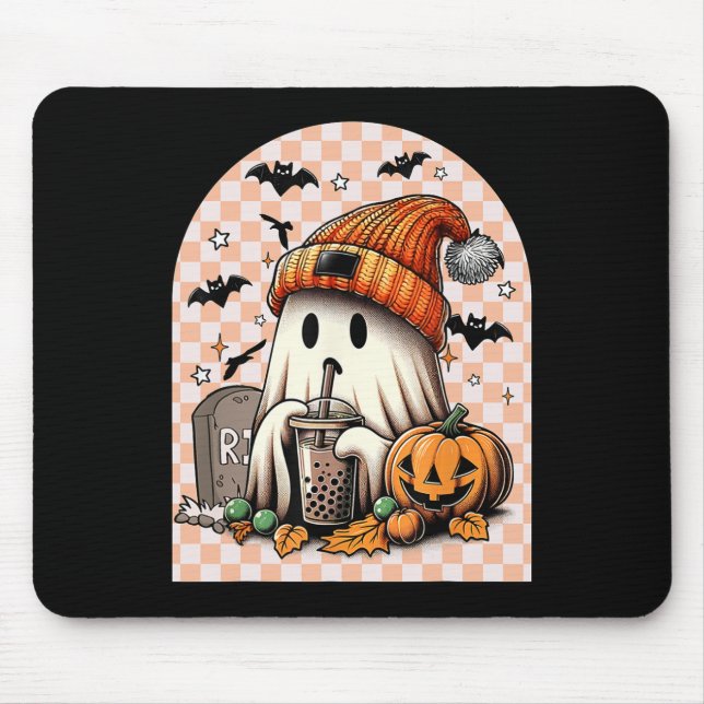 Halloween Cute Ghost Drinking Coffee Pumpkin Check Mouse Pad (Front)