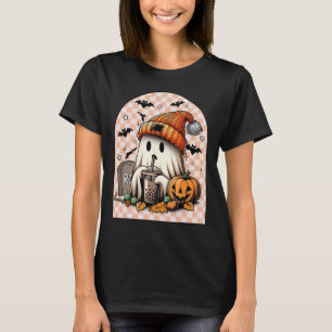 Halloween Cute Ghost Drinking Coffee Pumpkin Check T-Shirt