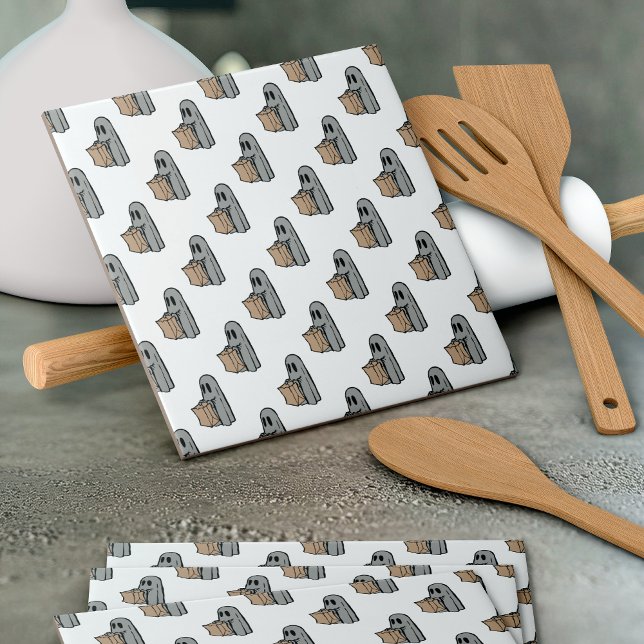 Halloween, Cute Ghost Grey, Trick Or Treat, Boo Ceramic Tile (Creator Uploaded)