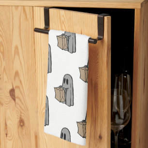 Halloween, Cute Ghost Grey, Trick Or Treat, Boo Tea Towel