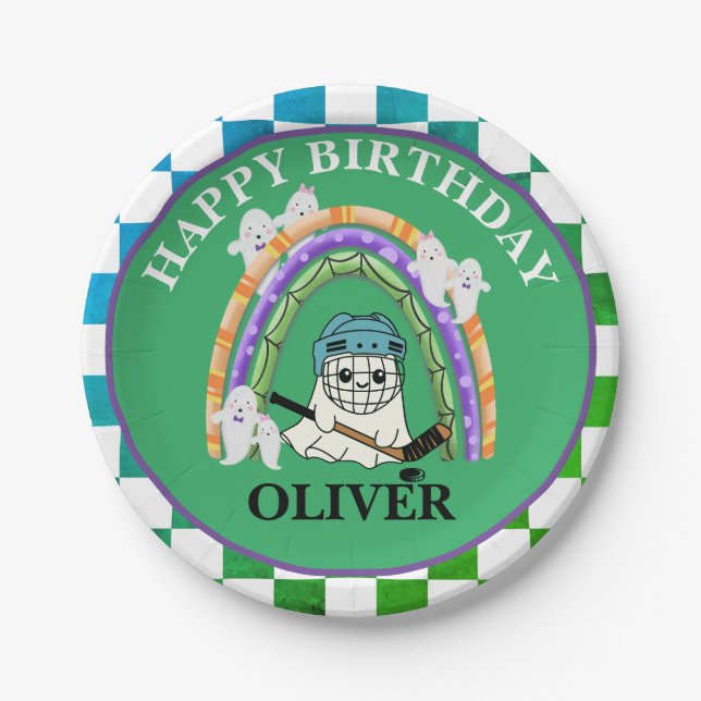 Halloween Cute Ghost Ice Hockey Party Paper Plate (Front)