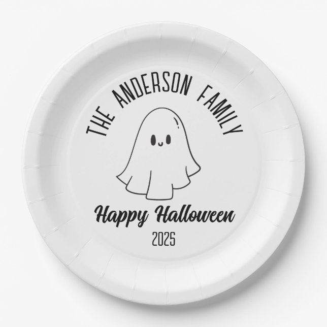 Halloween Cute Ghost Personalised Name Year Paper Plate (Front)