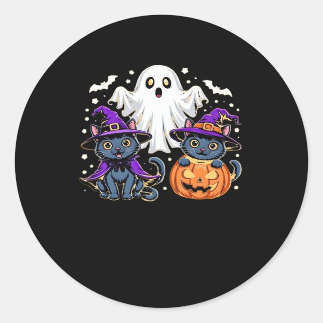 Halloween Cute Ghost Pumpkin Cat Classic T-Shirt_3 Classic Round Sticker (Front)