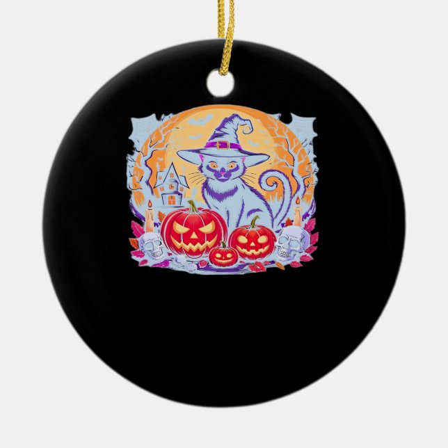 Halloween Cute Ghost Pumpkin Cat Classic T-Shirt Ceramic Ornament (Front)
