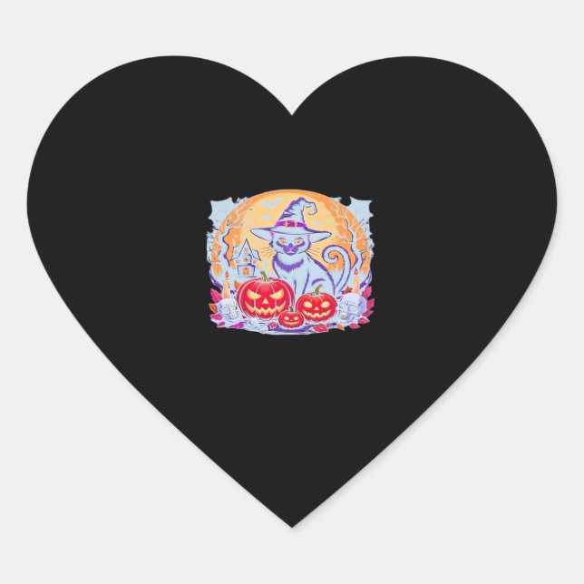 Halloween Cute Ghost Pumpkin Cat Classic T-Shirt Heart Sticker (Front)