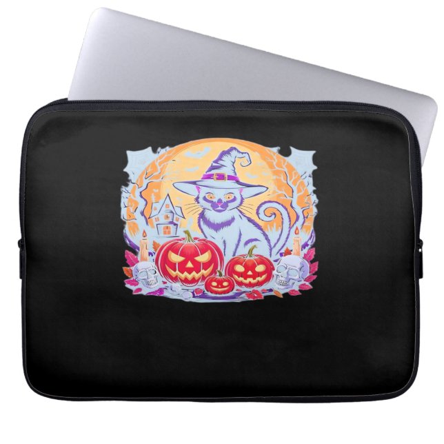Halloween Cute Ghost Pumpkin Cat Classic T-Shirt Laptop Sleeve (Front)