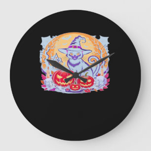 Halloween Cute Ghost Pumpkin Cat Classic T-Shirt Large Clock