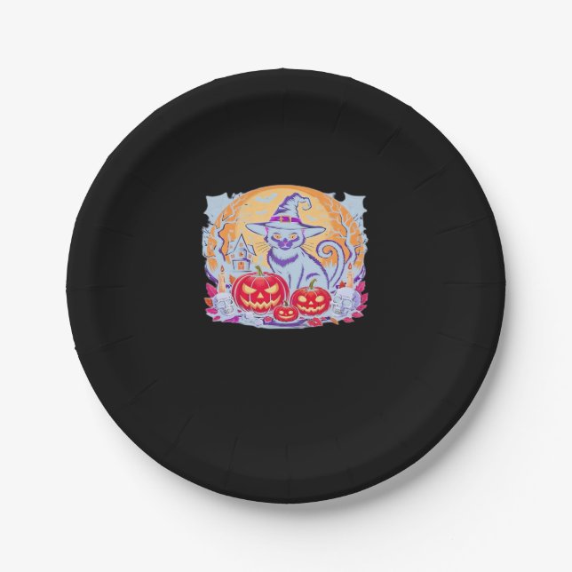Halloween Cute Ghost Pumpkin Cat Classic T-Shirt Paper Plate (Front)