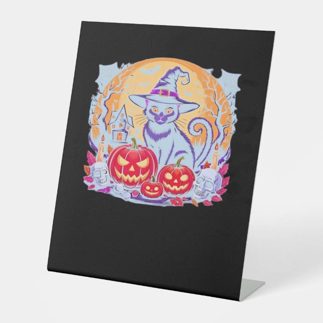 Halloween Cute Ghost Pumpkin Cat Classic T-Shirt Pedestal Sign (Front)