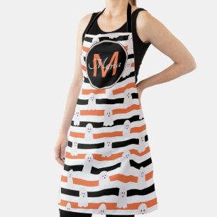 Halloween Cute Ghost Stripes Orange Black Monogram Apron