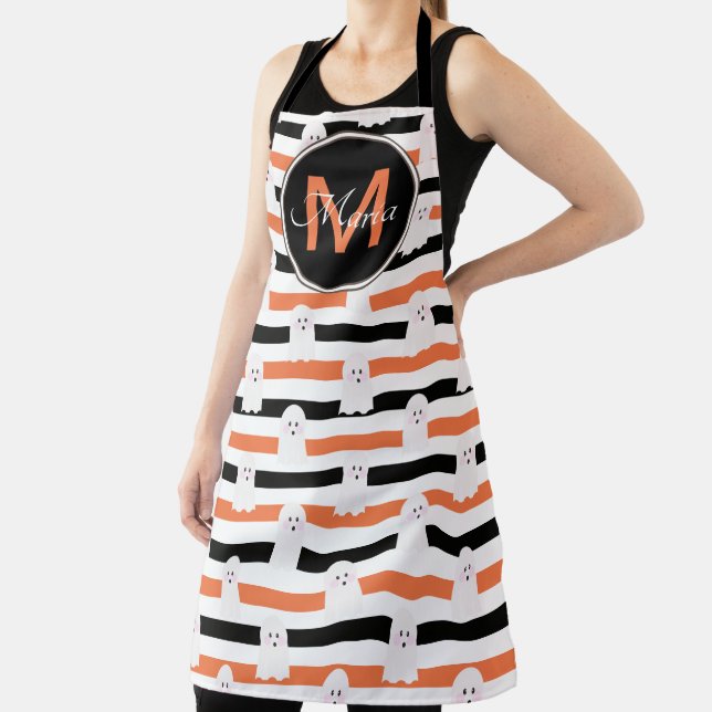 Halloween Cute Ghost Stripes Orange Black Monogram Apron (Insitu)