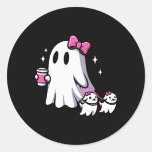 Halloween Cute Ghost Walking Dog Spooky Pink Coque Classic Round Sticker