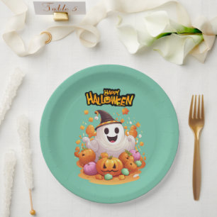 Halloween: Cute Ghosts and Pumpkin Family Paper Plate