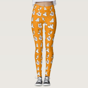 Halloween cute ghosts on orange background leggings