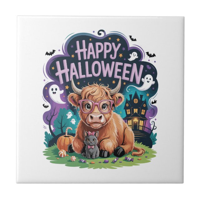 Halloween Cute Highland Cow (2) Ceramic Tile (Front)