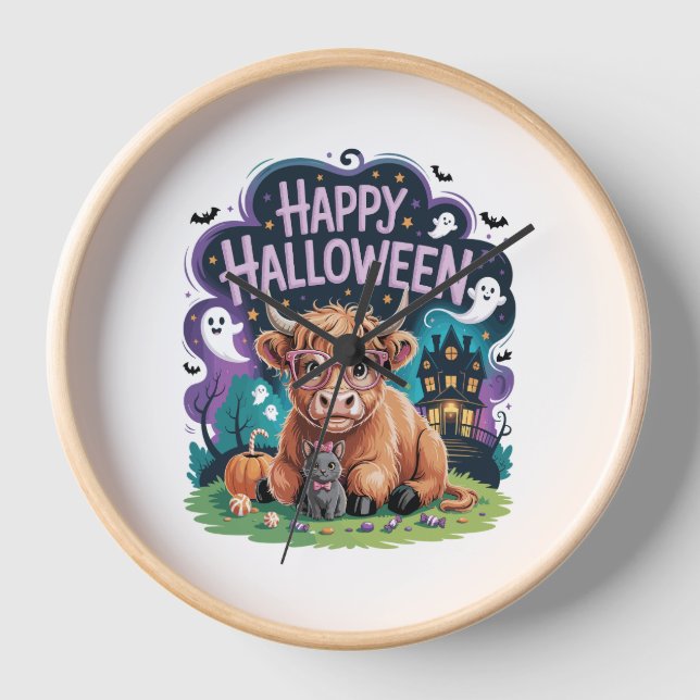 Halloween Cute Highland Cow (2) Clock (Front)