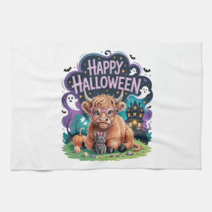 Halloween Cute Highland Cow (2) Tea Towel