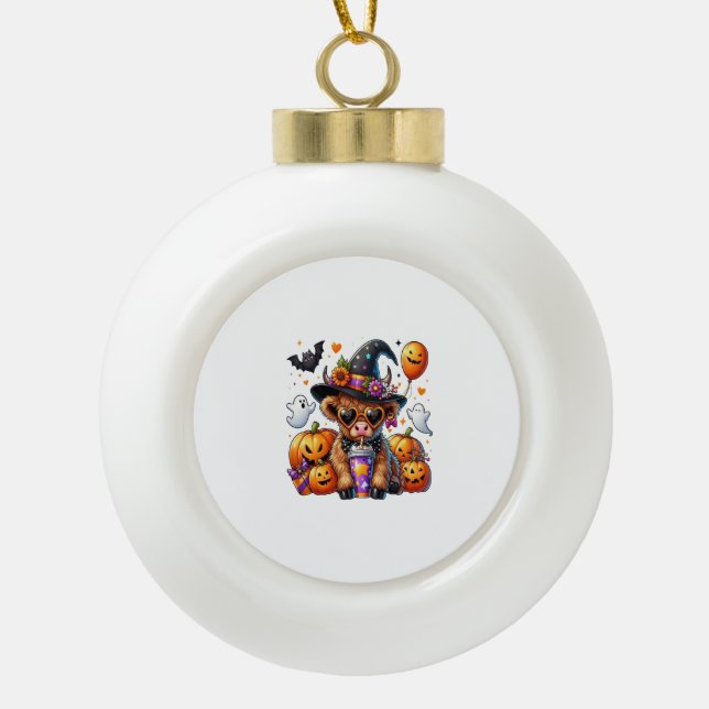 Halloween Cute Highland Cow Ceramic Ball Christmas Ornament (Front)