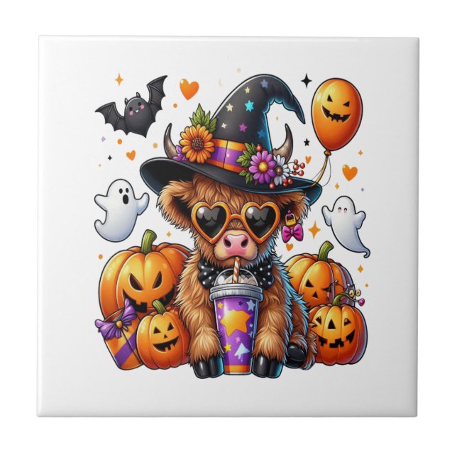 Halloween Cute Highland Cow Ceramic Tile (Front)